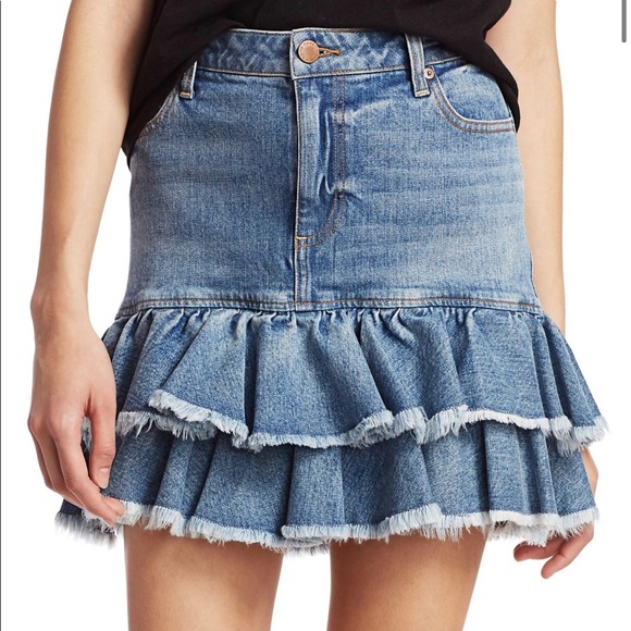$265 Alice + Olivia Ruffle Hem Denim Mini Skirt High Waisted Tiered Jean Size 0 - Picture 6 of 10